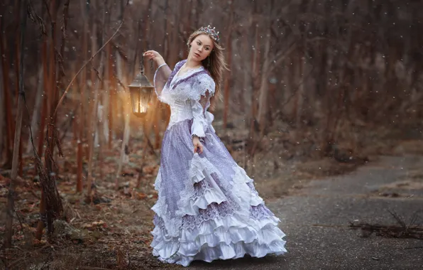 Picture forest, girl, trees, pose, mood, the situation, crown, dress