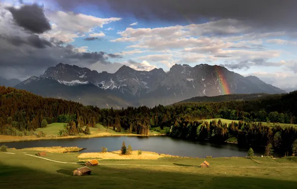 Picture field, the sun, rainbow, clouds, mountains, Bavaria, Geroldsee, Germany