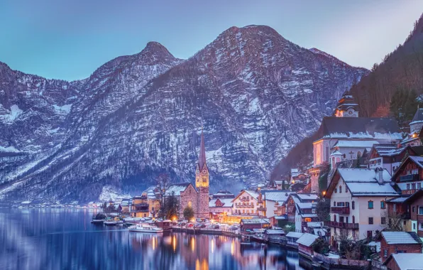 Winter, mountains, lake, home, Austria, Alps, Austria, Hallstatt