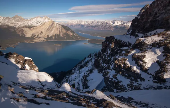 Winter, the sky, the sun, snow, trees, mountains, lake, stones