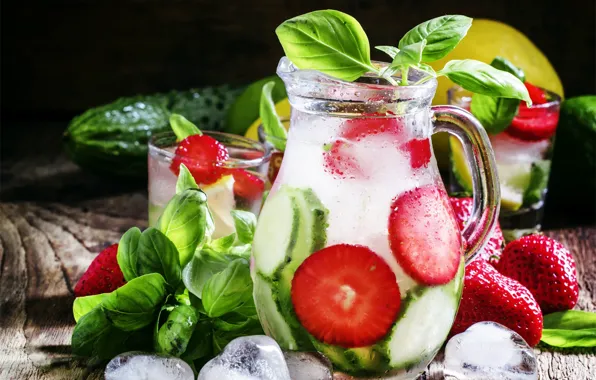 Ice, lemon, strawberry, pitcher, lemonade, cucumbers, Basil
