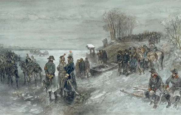 Figure, watercolor, genre, Charles Rochussen, French Troops Crossed The Frozen River