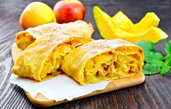 Picture apples, pie, pumpkin, dessert, sweet, powdered sugar, raisins