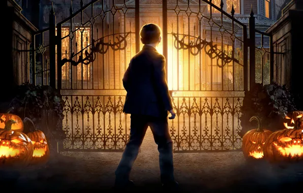 Night, lights, boy, gate, fantasy, pumpkin, mansion, poster