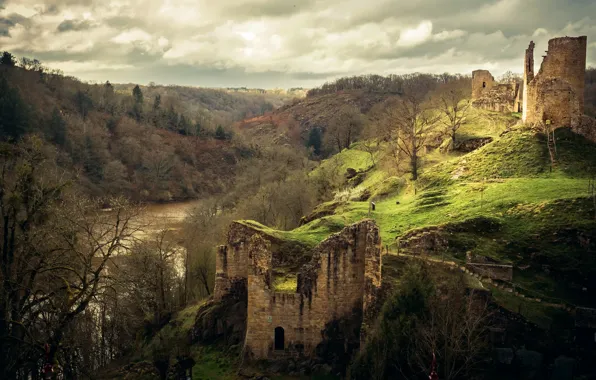 Autumn, forest, clouds, trees, mountains, river, castle, overcast