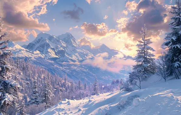 Winter, frost, forest, the sky, the sun, clouds, light, snow
