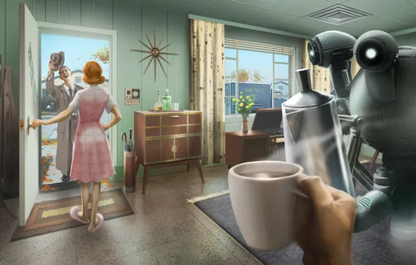 Picture house, robot, postapokalipsis, rpg, Bethesda Softworks, Fallout 4, vault - tec
