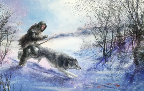 Animal, wolf, art, hunter, winter. snow. trees