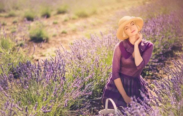 Field, girl, flowers, blonde, hat, basket, lavender