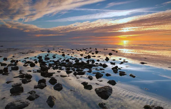 Sea, water, clouds, sunset, reflection, stones, horizon
