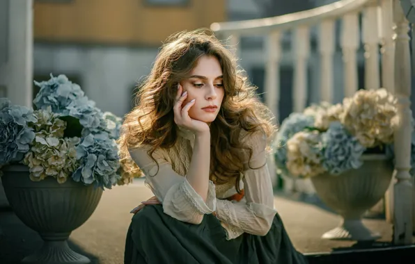 Picture girl, flowers, pose, mood, hand, portrait, blouse, long hair