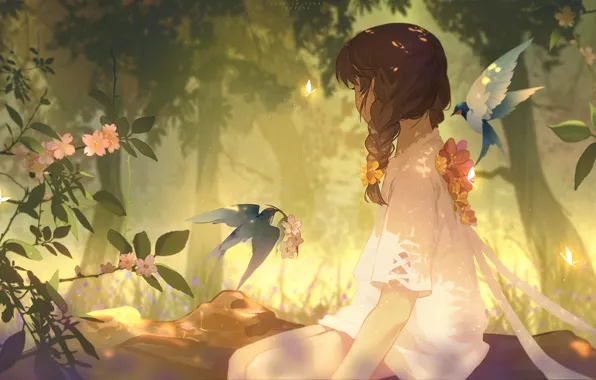 Flowers, nature, girl, swallows