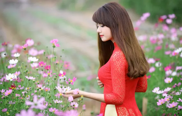 Girl, flowers, hair, hands, dress, lips, red dress