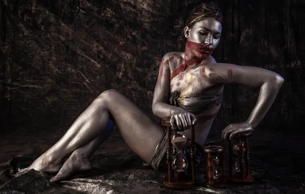 Erotic, girl, pose, strip, the dark background, background, feet, paint