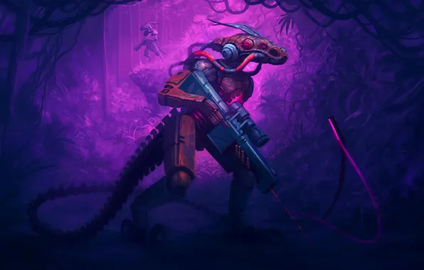 Robot, Lizard, Weapons, Dinosaur, Fantasy, Machine, Art, Art