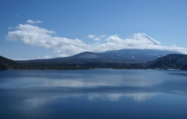 Picture clouds, snow, lake, Japan, mountain, top, peak, Fuji