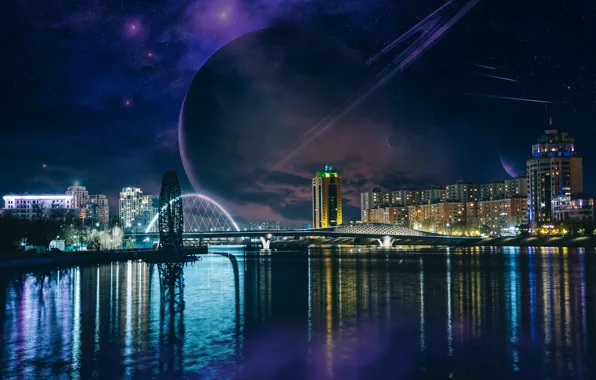 Space, clouds, night, bridge, the city, lights, reflection, river