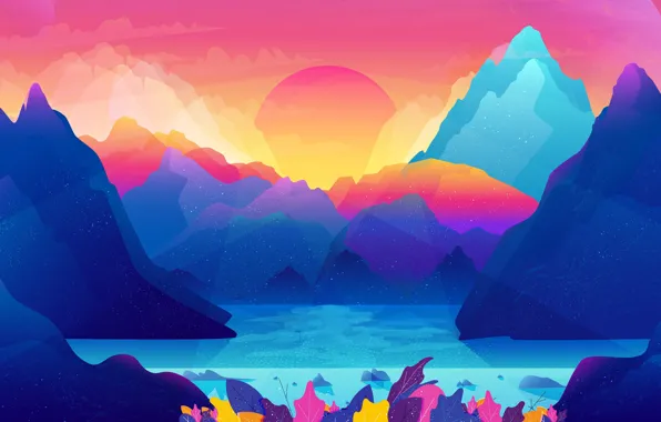 The sun, Minimalism, Mountains, Rocks, Lake, Leaves, Star, Rays