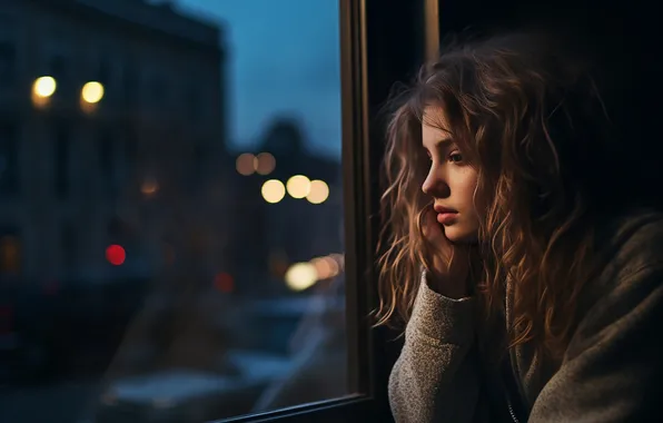 Wallpaper look, glass, girl, night, portrait, window, AI art, neural network