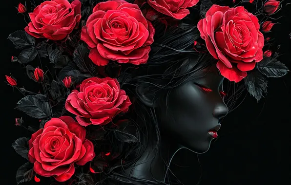 Girl, Black, Red roses, AI art, Masterpiece