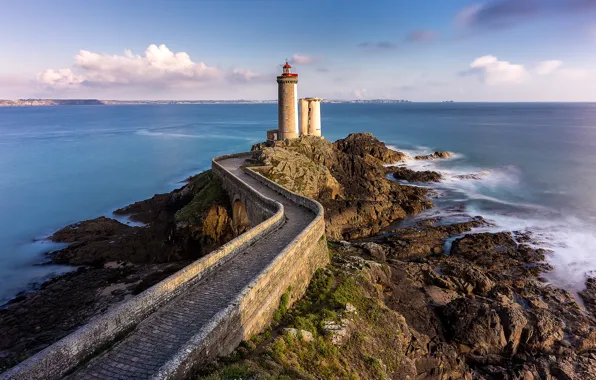 Road, sea, clouds, stones, wall, rocks, shore, France