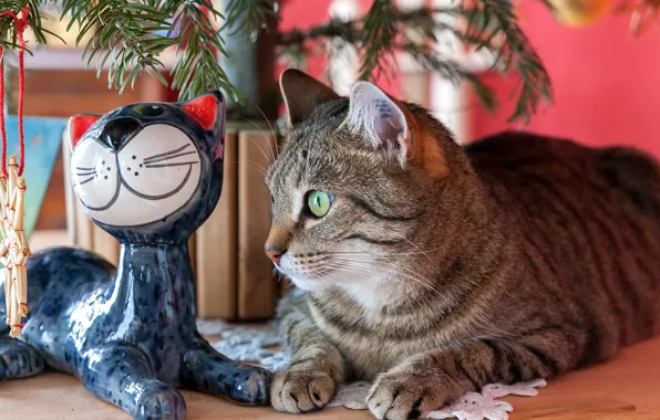 Picture eyes, cat, tree, figurine, striped