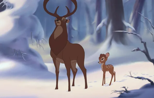 Winter, forest, snow, cartoon, Bambi, deer
