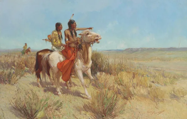 Picture, The Indians, Horse, Oscar Edmund Berninghaus, American artist, Oscar Edmund Berninghaus, Signal smoke