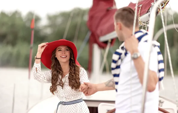 Girl, love, pair, guy, walk on the yacht