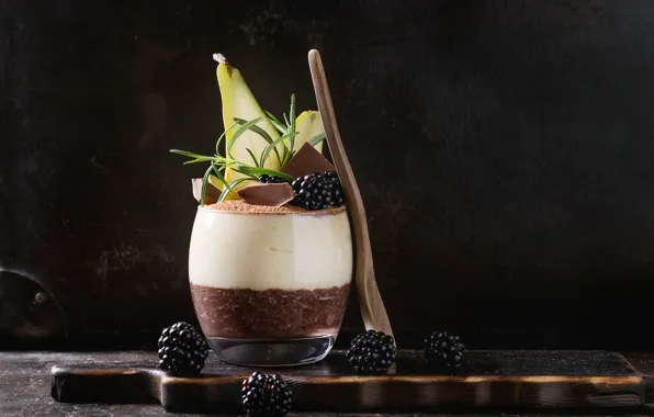 Picture glass, berries, chocolate, spoon, dessert, BlackBerry, rice, pudding