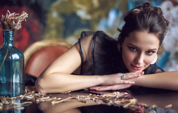 Look, girl, face, pose, bottle, portrait, hands, Victor Krivoguz