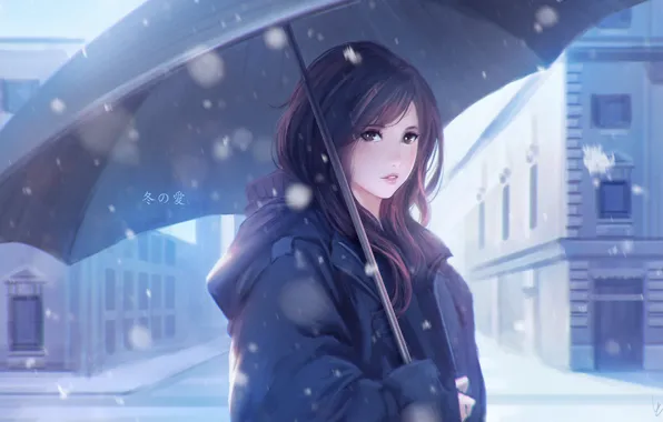 Winter, snow, umbrella, anime, art, girl, Vu Nguyen, Winter Love
