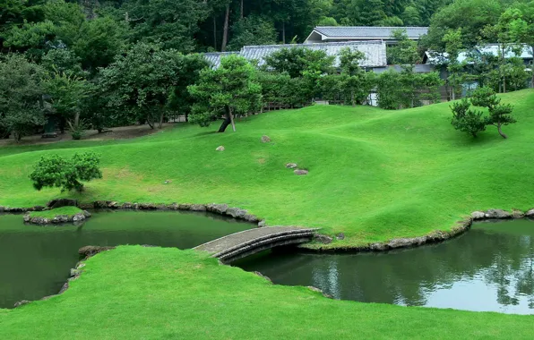Picture bridge, stream, Japan, garden, lawn