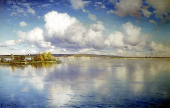 The sky, water, clouds, trees, landscape, lake, reflection, shore