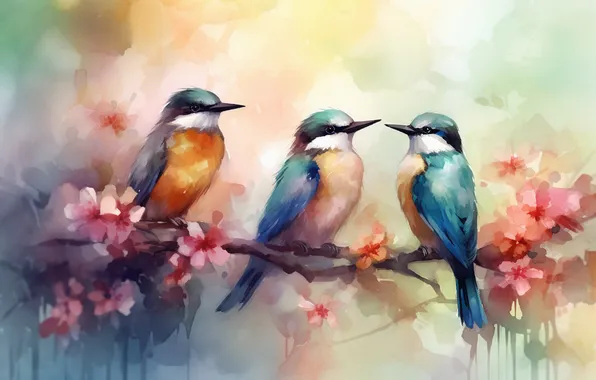 Flowers, birds, bird, together, branch, watercolor, three, pink