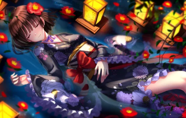 Picture water, girl, flowers, anime, art, lights, kimono, bow