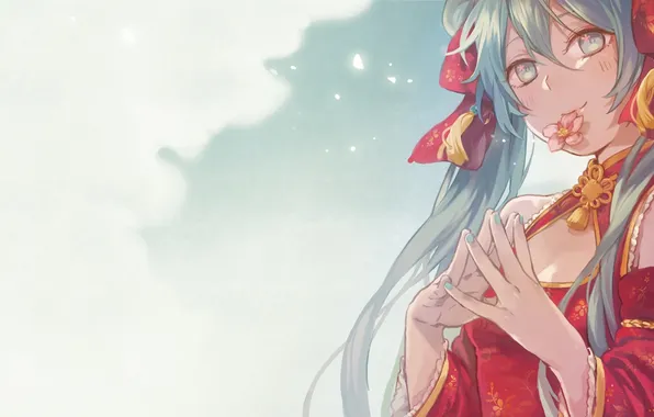 Girl, flowers, smile, petals, art, vocaloid, hatsune miku, Vocaloid