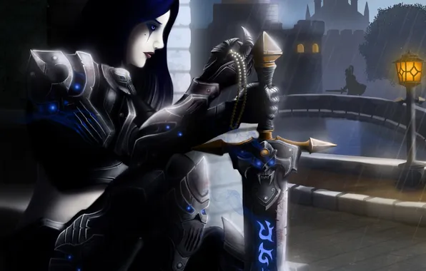 Girl, the city, rain, sword, art, symbol, beads