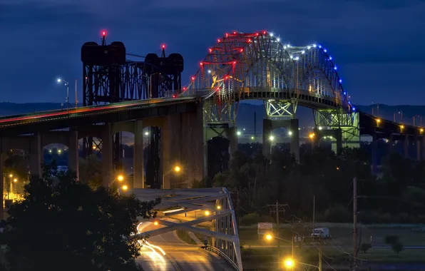 Night, the city, lights, Michigan, Marie International Bridge