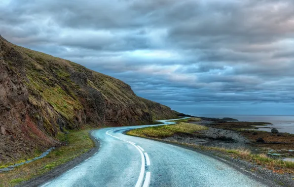 Road, clouds, The Long Curvy Road Around Iceland