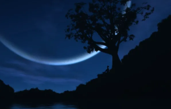 Lake, the moon, people, Tree