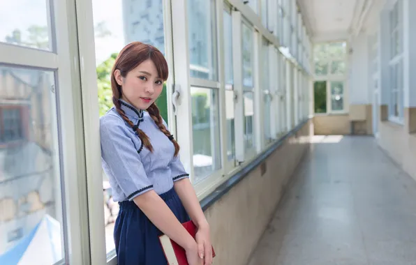 Picture look, corridor, girl, face, book, Asian