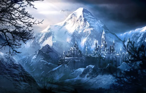 Snow, mountains, fortress, Frozen Castle