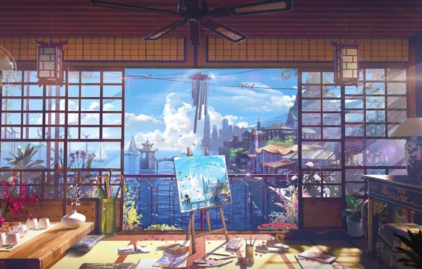 Sea, the city, room, picture, fan