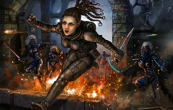 Girl, chase, art, elves, knife, amulet, arrows, killer