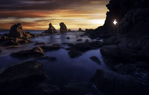 Sea, sunset, rocks