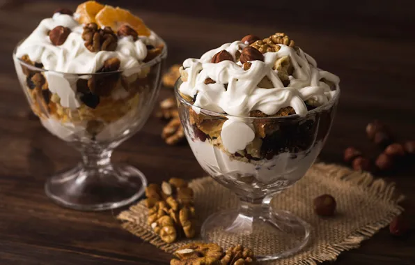 Ice cream, nuts, dessert, bowl