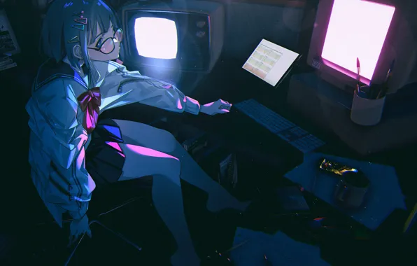 Girl, night, monitors, screens