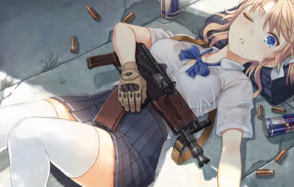 Picture girl, gun, weapon, anime, japanese, gloves, RedBull, bishojo