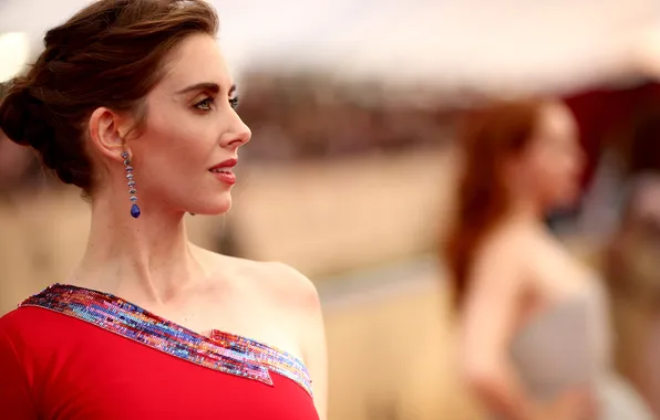 The sun, portrait, dress, actress, brown hair, bokeh, Alison Brie, Alison Brie